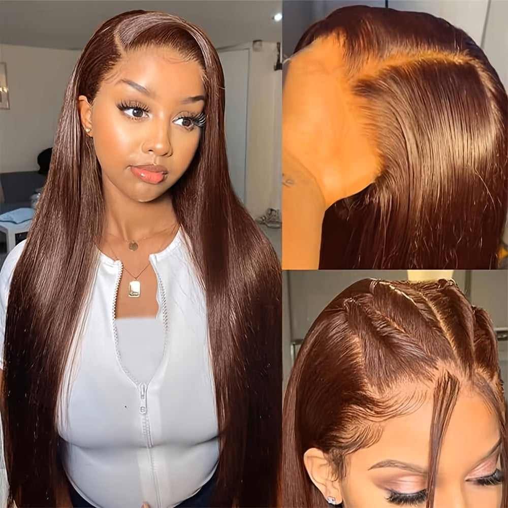 250% Density Chocolate Brown Straight Human Hair Wig - 13x5 HD Lace Front, Pre-Plucked Natural Hairline, Brazilian Remy Hair for Women, Long Silky Straight Style, Perfect for Everyday Glamour